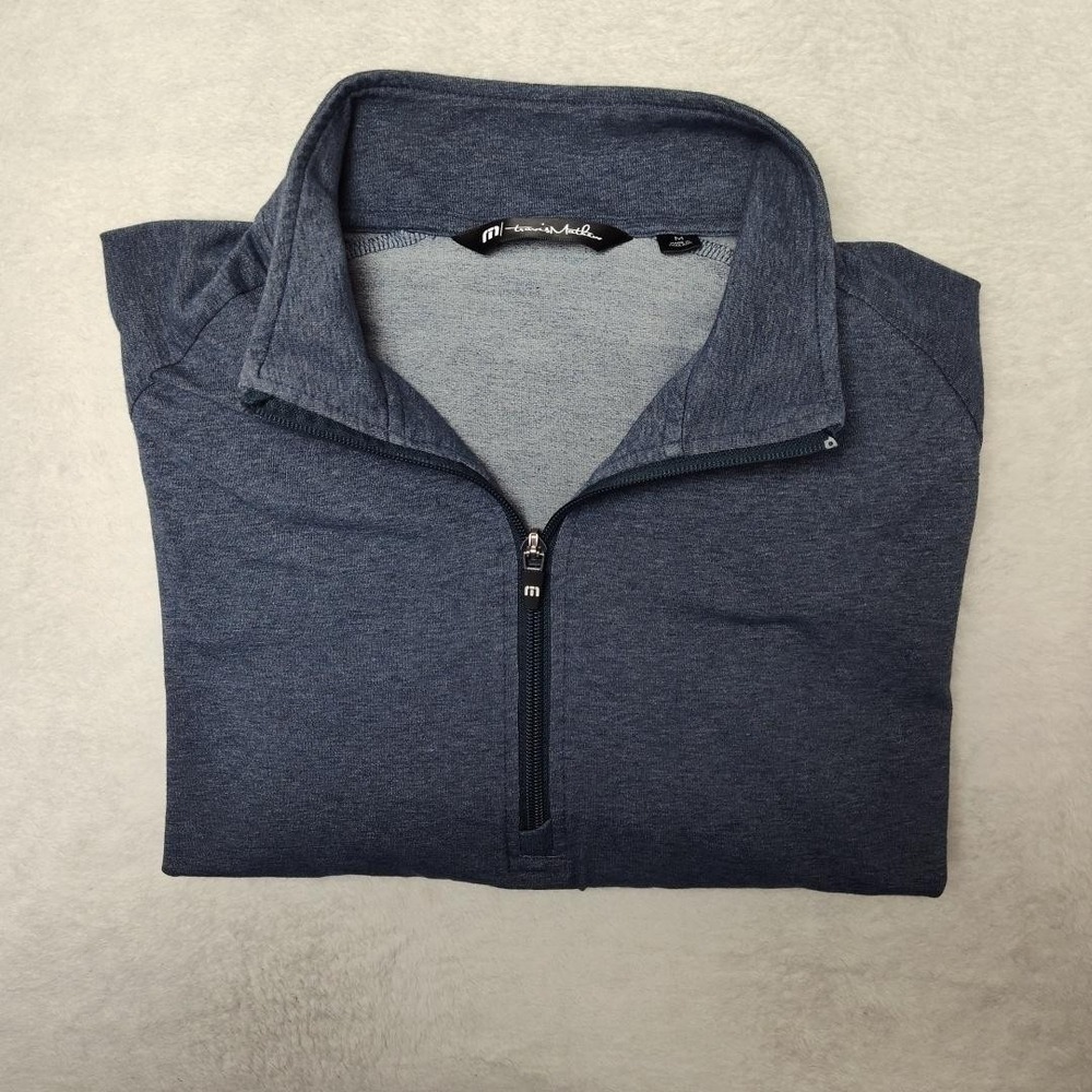 Travis Mathew Sweatshirt Mens Medium Blue 1/4‎ Zip Pockets Lightweight Jersey